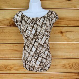 Relativity Cap Sleeve Blouse Womens M Brown Geometric Boat Neck Lightweight Soft